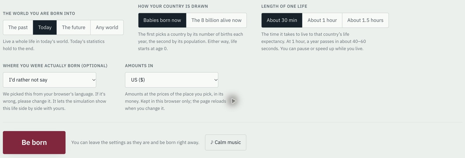 English birth settings with Today, Babies born now and About 30 min selected, the real-birthplace field skipped, and the Be born button.