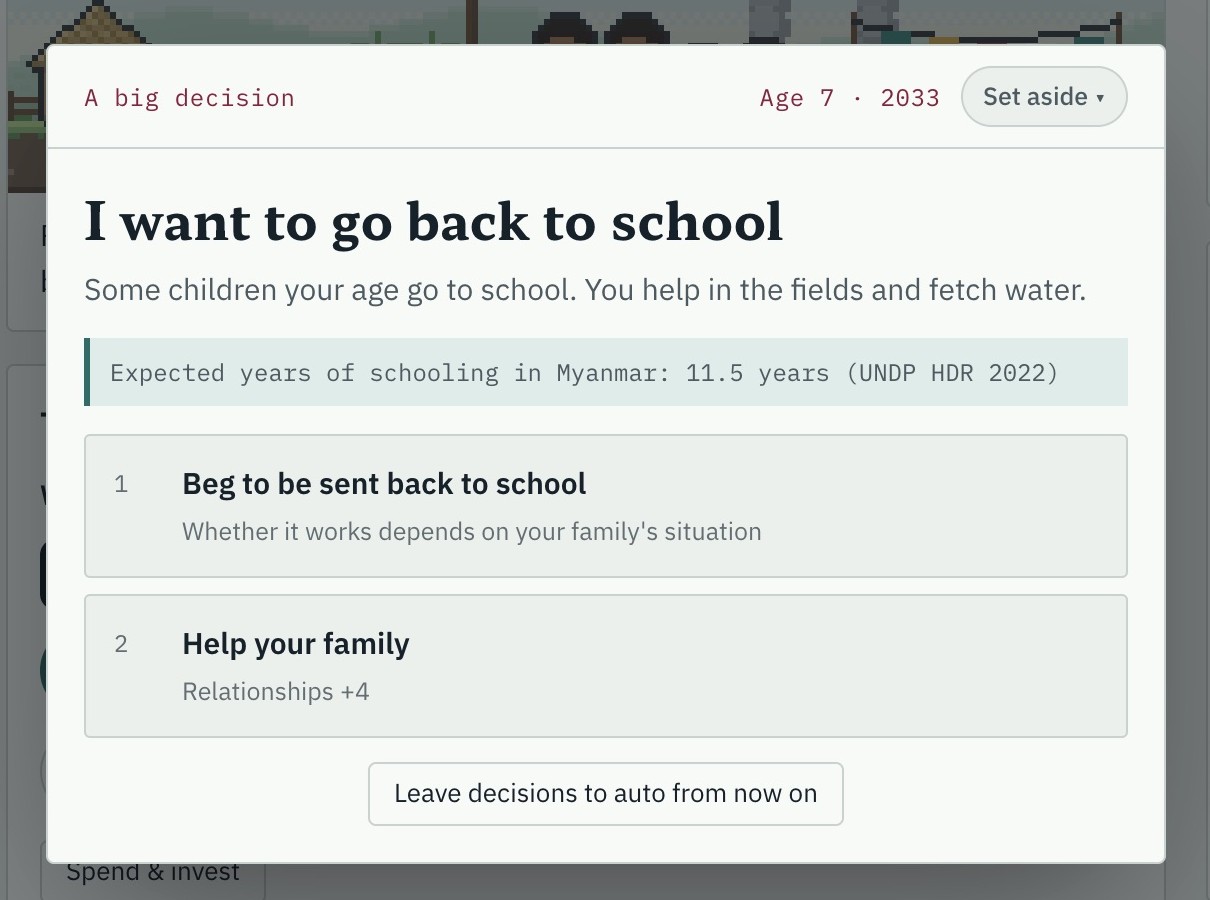 An English decision card at age seven offers Soe a choice between asking to return to school and helping his family.