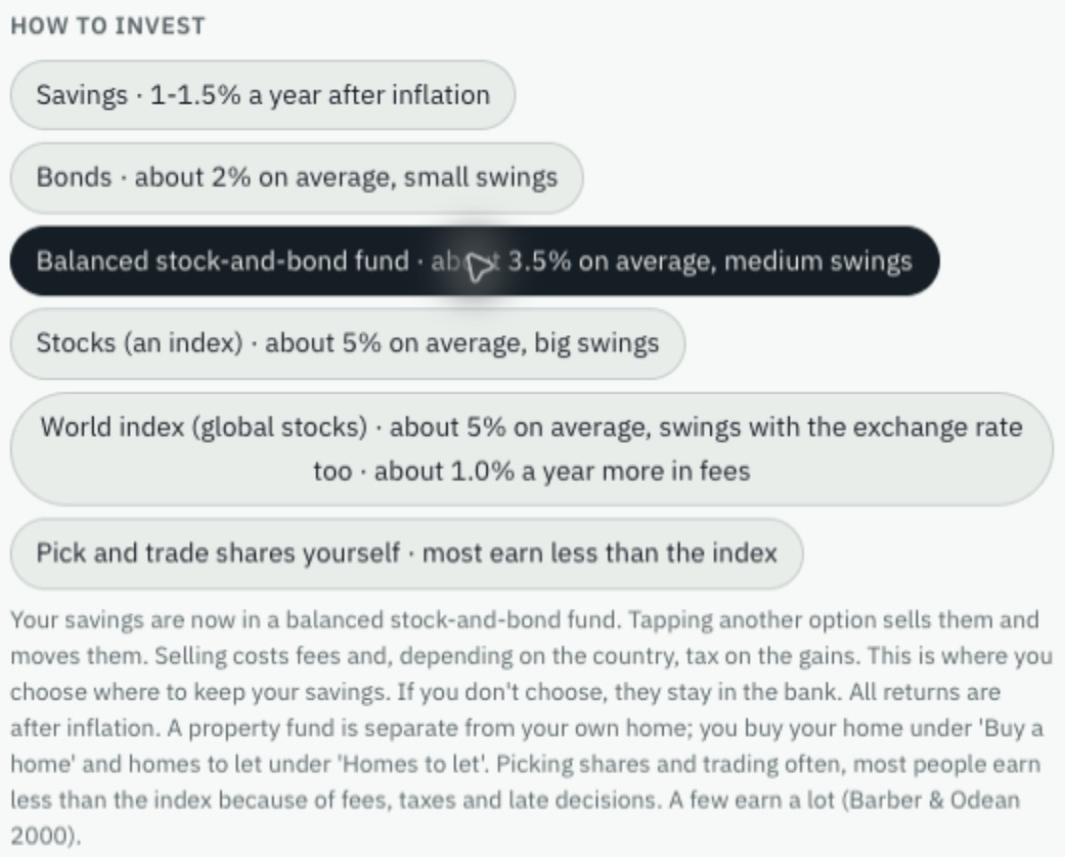 The Egypt investment menu with the balanced stock-and-bond fund selected and the explanation of switching savings.