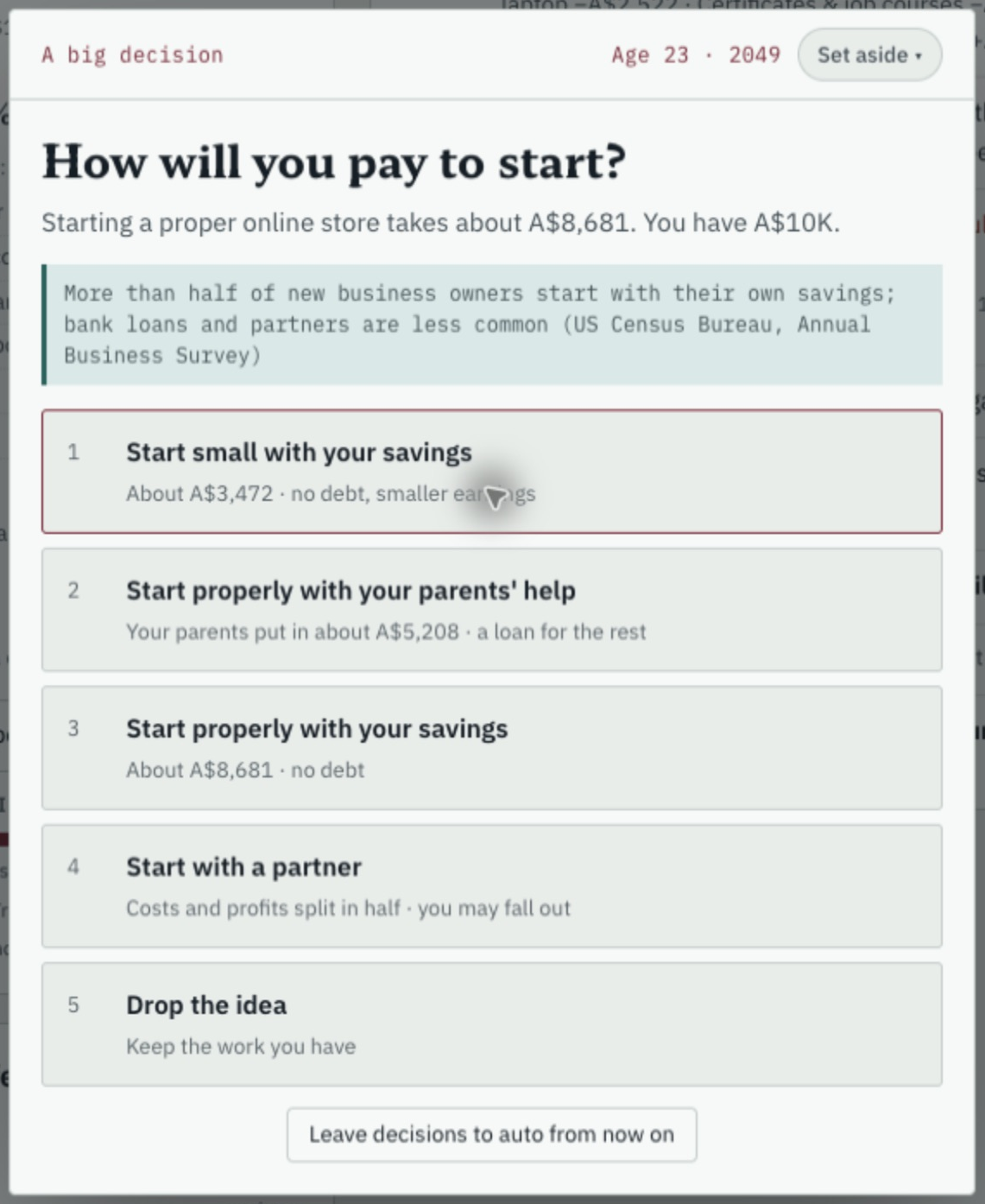 The financing card for Jana's online store, with small self-funded, parent-assisted, fully self-funded and partnership choices.