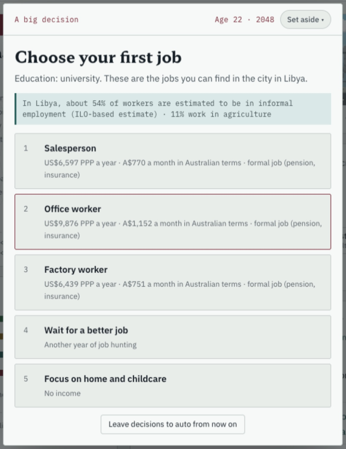 Jana's first three job offers after university, with the office job at A$1,152 a month.