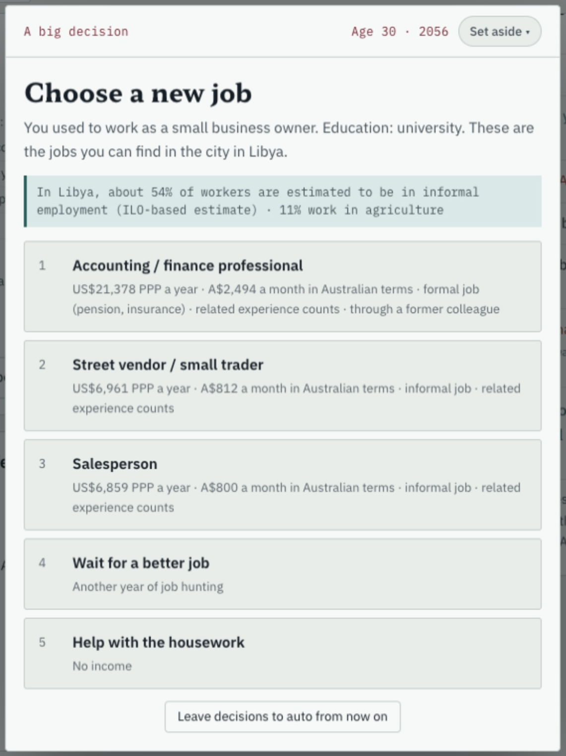 The age-30 job card after Jana's shop closed, including the finance offer through a former colleague.