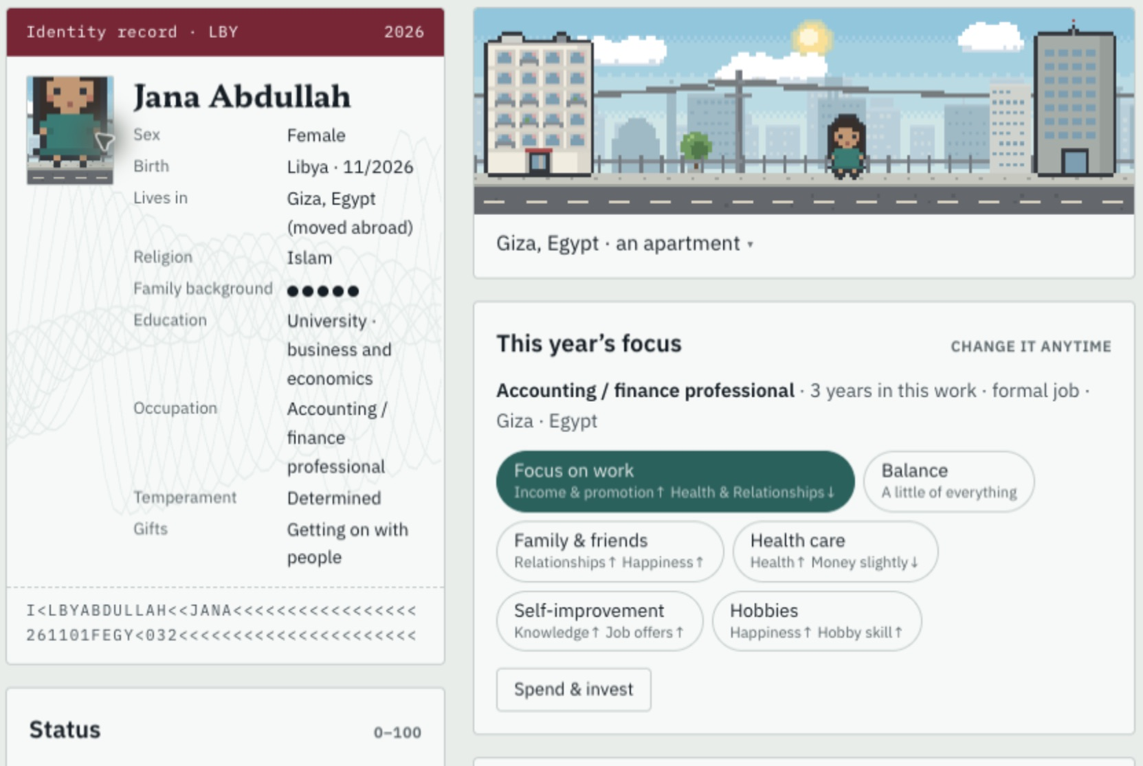Jana's identity and working panels after arriving in Giza, Egypt, still showing her finance profession.