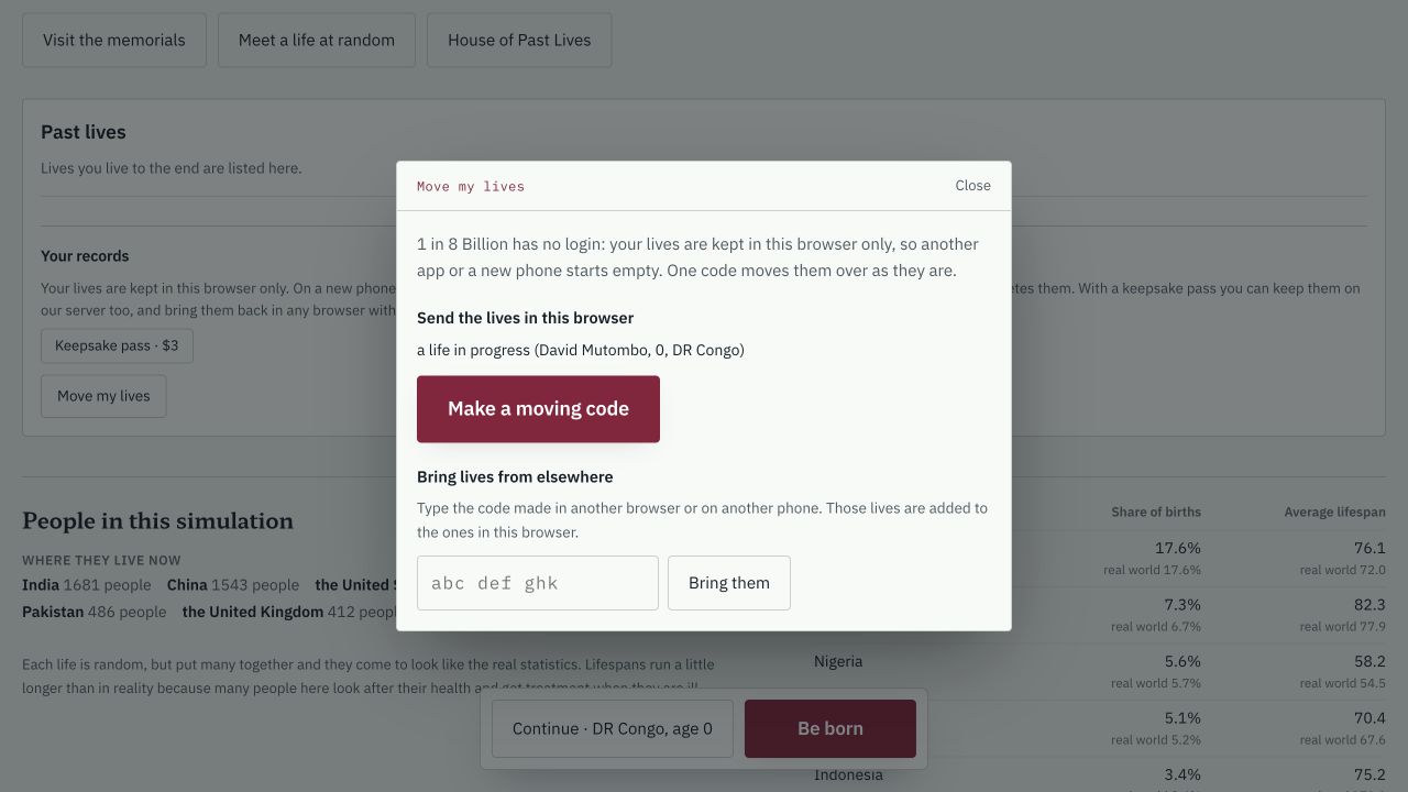 The original game’s Move my lives panel, showing a life in progress, Make a moving code, and the Moving code input above Bring them.